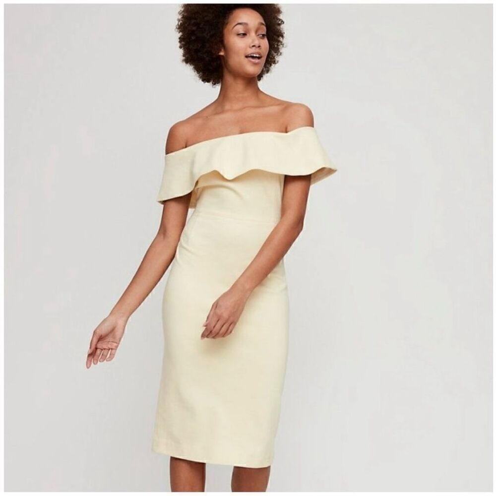 Babaton Aritzia Womenâs Ruslan PaleâYellow Off the Shoulder MidiâDress